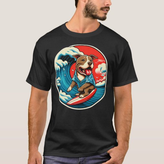 Great Wave Kanagawa Pit Bull dog Surfing T-Shirt (Vorderseite)
