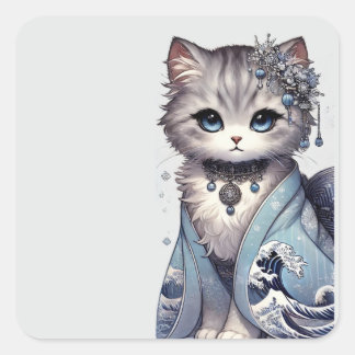 Great Wave Kimono Japanisch Princess Cat Quadratischer Aufkleber