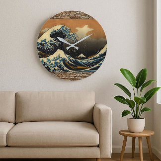 Great Wave Off Kanagawa Japanese Ukiyo-e Art  Große Wanduhr