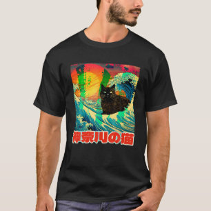 Great Wave Off Kanagawa trifft Black Niedlich Cat  T-Shirt