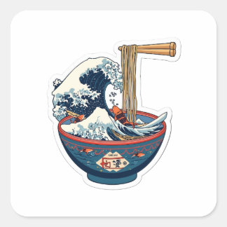 Great Wave Ramen Bowl Japanisches Ästhetik 3D Art Quadratischer Aufkleber