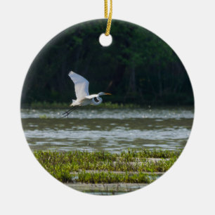 Great White Egret Flying Keramik Ornament