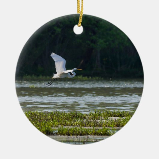 Great White Egret Flying Keramik Ornament (Vorne)