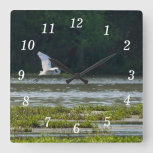 Great White Egret Flying Wall Clock Quadratische Wanduhr