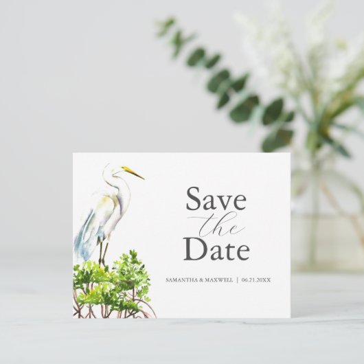 Great White Heron Save the Date Postkarte (Stehend Vorderseite)