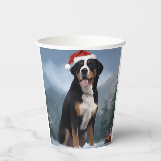 Greater Swiss Mountain Dog in Snow Christmas Pappbecher (Rückseite)