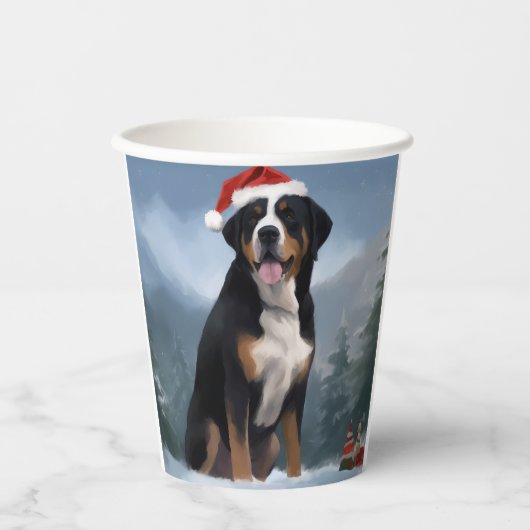 Greater Swiss Mountain Dog in Snow Christmas Pappbecher (Vorderseite)