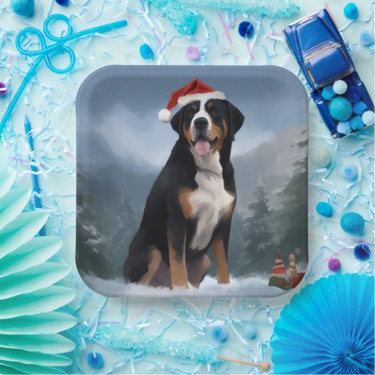 Greater Swiss Mountain Dog in Snow Christmas Pappteller (Party)