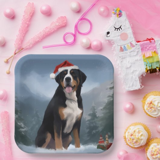 Greater Swiss Mountain Dog in Snow Christmas Pappteller (Party)