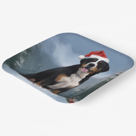 Greater Swiss Mountain Dog in Snow Christmas Pappteller (Gewinkelt)