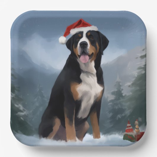 Greater Swiss Mountain Dog in Snow Christmas Pappteller (Vorderseite)