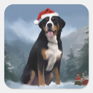 Greater Swiss Mountain Dog in Snow Christmas Quadratischer Aufkleber
