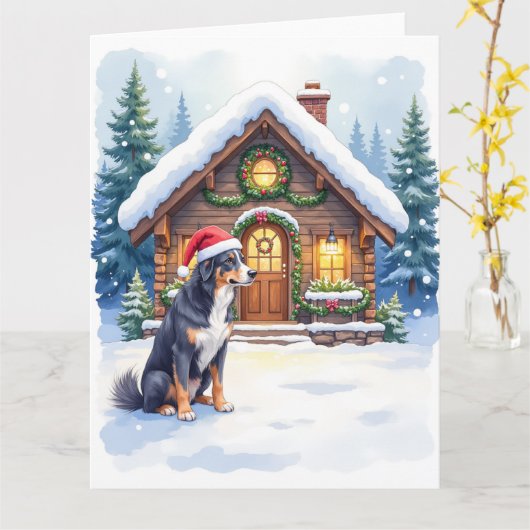 Greater Swiss Mountain Dog Snowy Cabin Santa Hat Karte (Gelbe Blume)