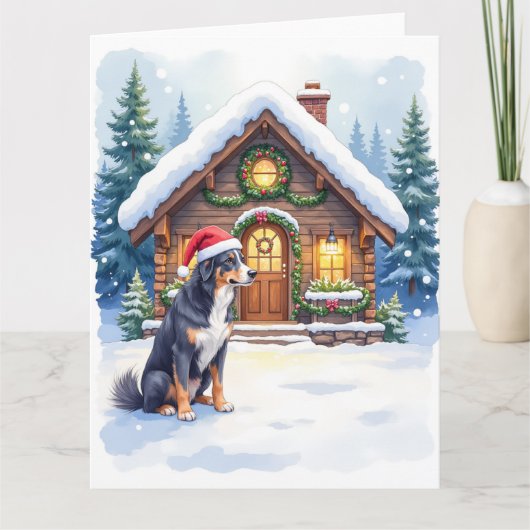 Greater Swiss Mountain Dog Snowy Cabin Santa Hat Karte (Vorderseite)
