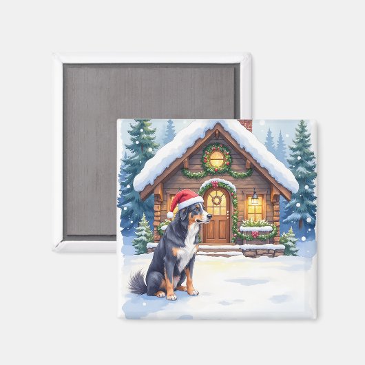 Greater Swiss Mountain Dog Snowy Cabin Santa Hat Magnet (Vorderseite/Rückseite)