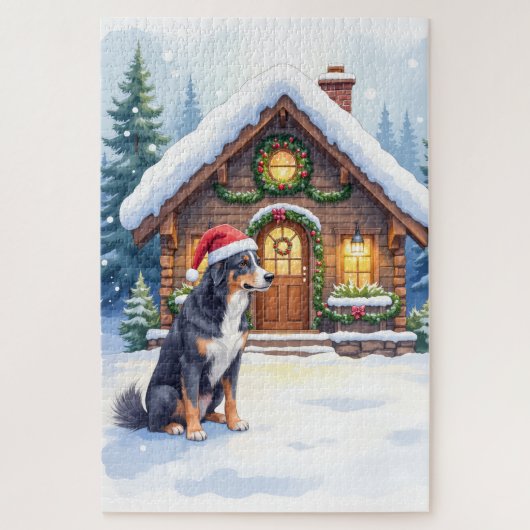 Greater Swiss Mountain Dog Snowy Cabin Santa Hat Puzzle (Vertikal)