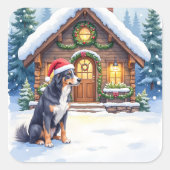 Greater Swiss Mountain Dog Snowy Cabin Santa Hat Quadratischer Aufkleber (Vorderseite)