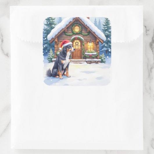 Greater Swiss Mountain Dog Snowy Cabin Santa Hat Quadratischer Aufkleber (Tasche)