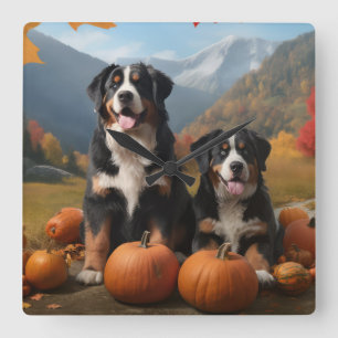 Greater Swiss Mountain Pup Herbstfreude Kürbis Quadratische Wanduhr