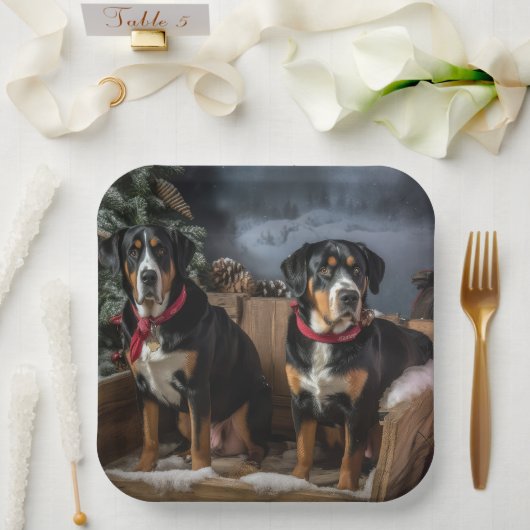 Greater Swiss Mountain Snowy Sleigh Weihnachten Pappteller (Hochzeit)