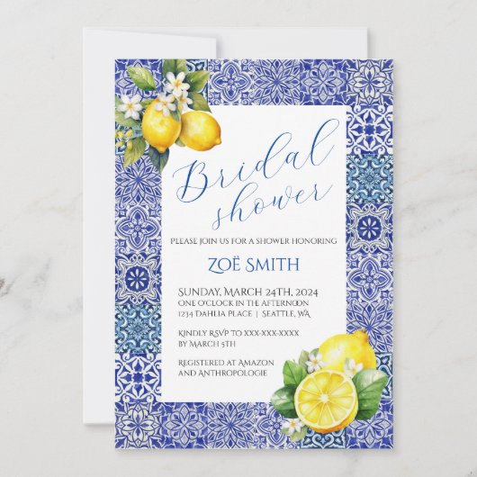 Grecian Blue und Lemon Bridal Dusche Einladung (Vorderseite)