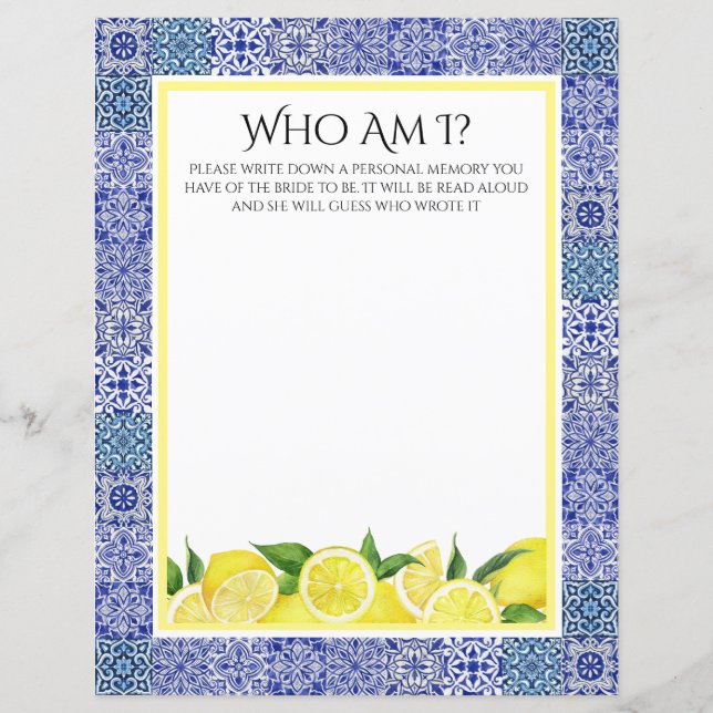 Grecian Blue und Lemon "Who Am I" Duschspiel (Vorderseite)