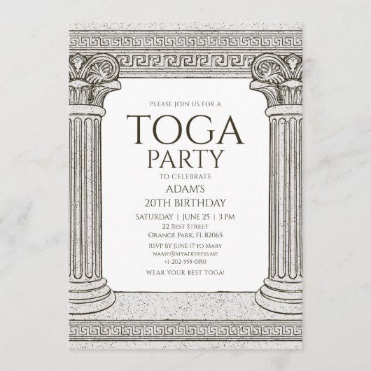 Grecian Toga Party Einladung mit Steinsäulen (Vorderseite)