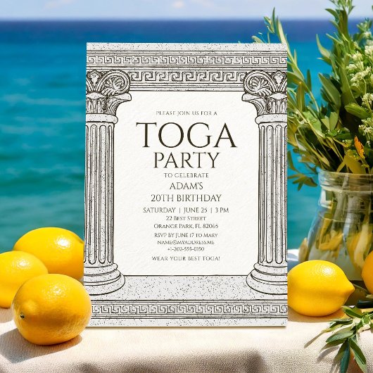 Grecian Toga Party Einladung mit Steinsäulen