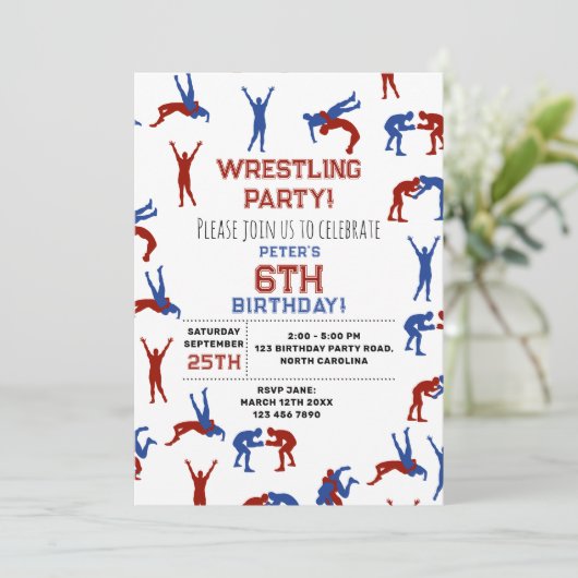 Greco Roman Freestyle Wrestling Kindergeburtstag Einladung (Stehend Vorderseite)