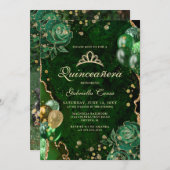 Gree Gold Floral Agate Foto Quinceanera Einladung (Vorne/Hinten)