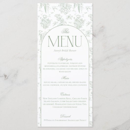 Gree Toile Vintages Brautparty Begrüßung Menükarte (Vorderseite)