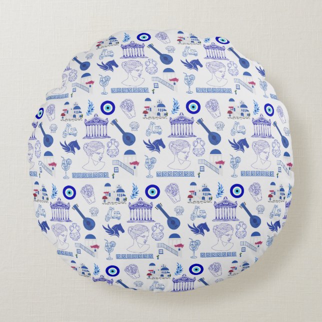 Greece Blue and White Rundes Kissen (Vorderseite)