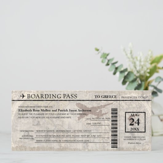 Greece Boarding Pass Wedding  Invitation Einladung (Stehend Vorderseite)