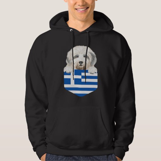 Greece Flag Old English Sheepdog Dog In Pocket Hoodie (Vorderseite)