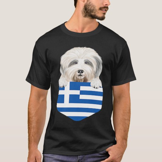 Greece Flag Old English Sheepdog Dog In Pocket T-Shirt (Vorderseite)