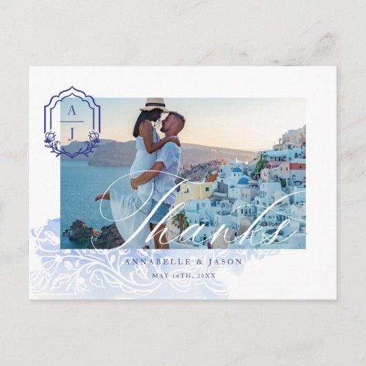 Greece Wedding Thank You Script Monogram Photo Postkarte (Vorderseite)