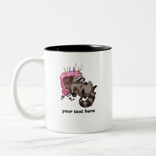 Greedy Raccoon Cake Dieb Cartoon mit Beschriftung Zweifarbige Tasse (Links)