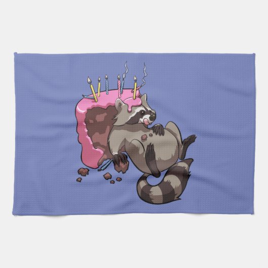 Greedy Raccoon Full of Birthday Cake Cartoon Geschirrtuch (Horizontal)