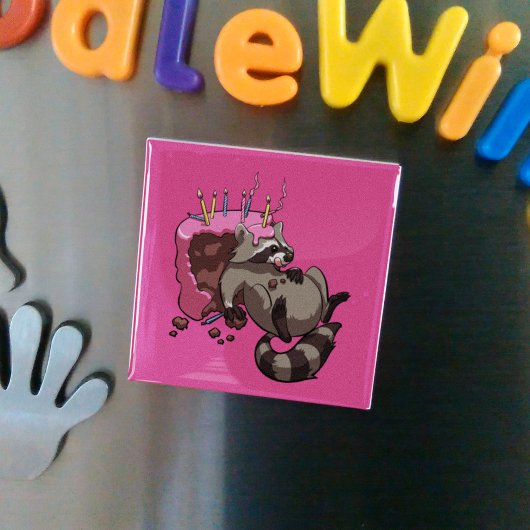 Greedy Raccoon Full of Birthday Cake Cartoon Magnet