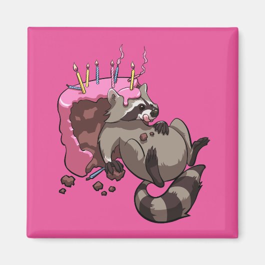 Greedy Raccoon Full of Birthday Cake Cartoon Magnet (Vorne)