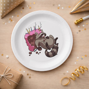 Greedy Raccoon Full of Birthday Cake Cartoon Pappteller