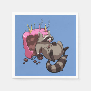 Greedy Raccoon Full of Birthday Cake Cartoon Serviette