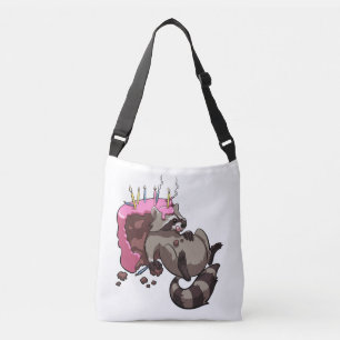 Greedy Raccoon Full of Birthday Cake Cartoon Tragetaschen Mit Langen Trägern