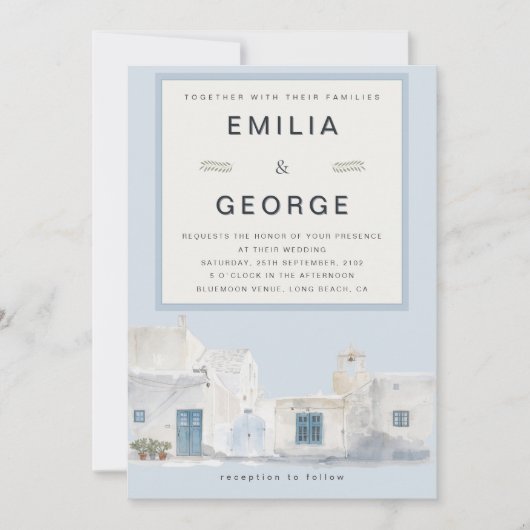 Greek Blue Destination Wedding | Elegant Einladung (Vorderseite)