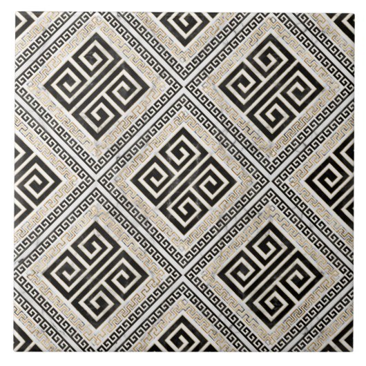 Greek Meander - Greek Key Black and White Marble Fliese (Vorderseite)