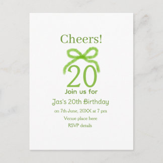 green 20th birthday bow watercolor name bold retro einladungspostkarte