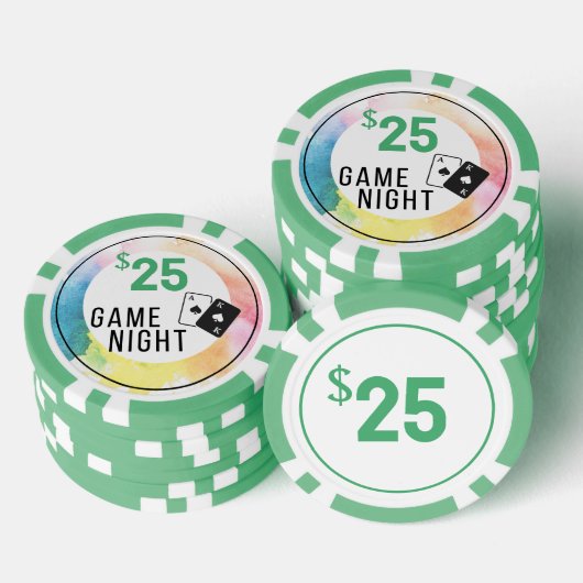 Green $25 Watercolor Game Night Poker Chip (Stapel)