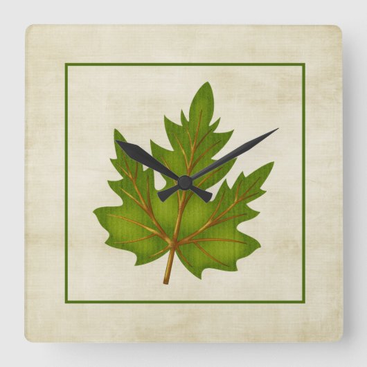 Green 2 Leaf Fall Season Themed Square Clock Quadratische Wanduhr (Vorderseite)