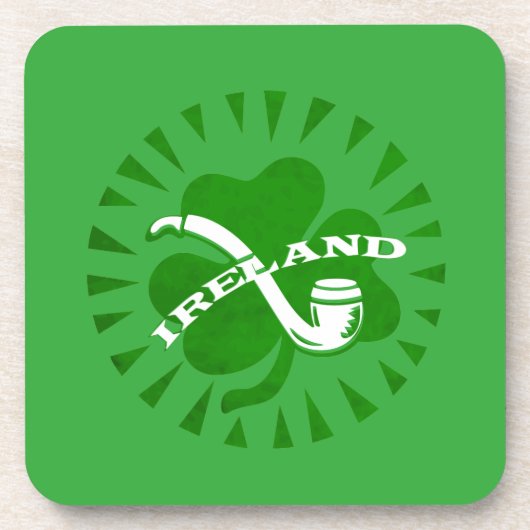 Green 3 Leaf Kleeblatt Pipe und Irland Text Getränkeuntersetzer (Vorderseite)