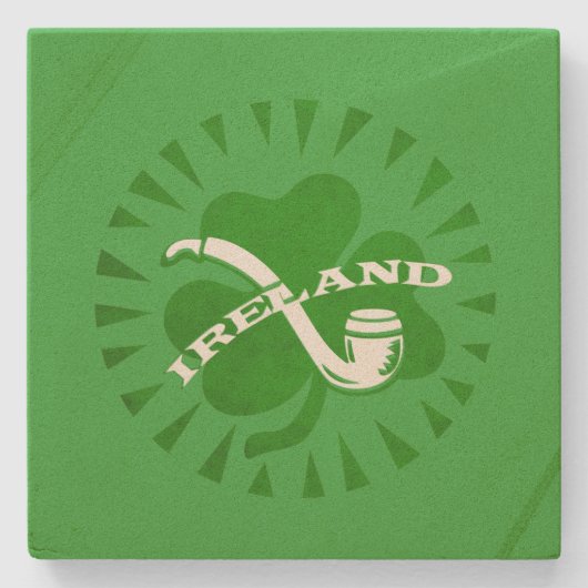 Green 3 Leaf Kleeblatt Pipe und Irland Text Steinuntersetzer (Vorderseite)